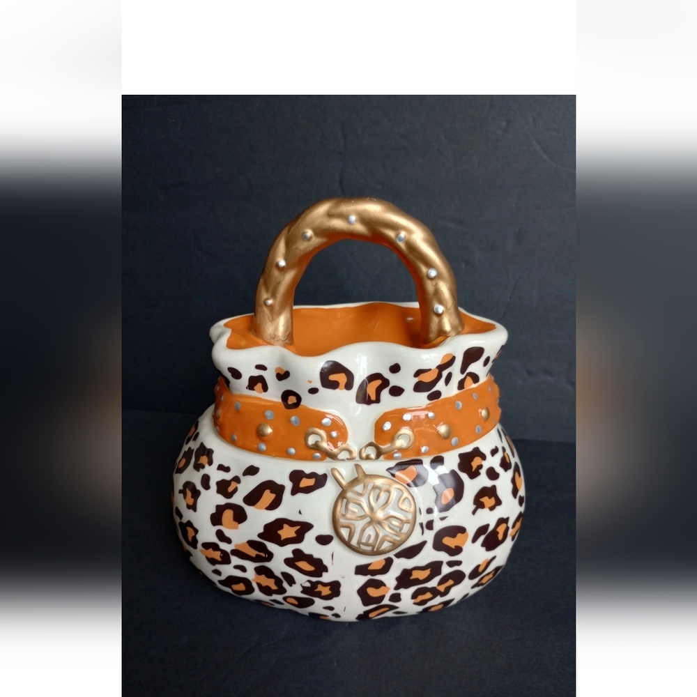 David's Cookies Ceramic Cheetah Purse Cookie Jar/ Container Decor See Descriptio